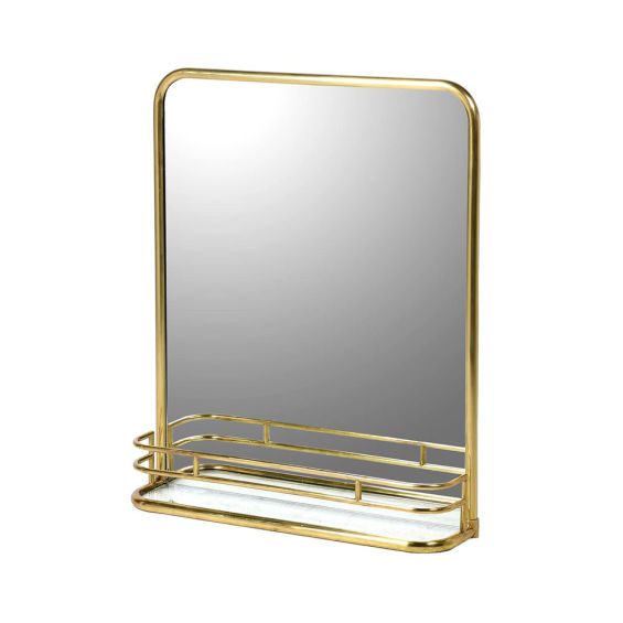 A stunning brushed brass wall mirror with a shelf