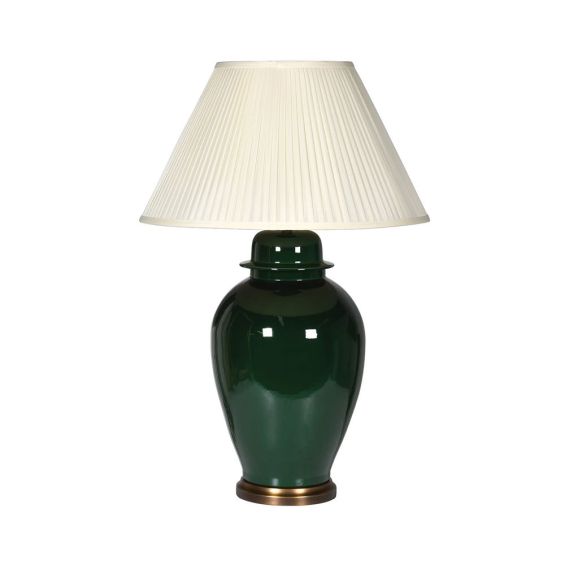 a vintage style emerald side lamp with a cream lampshade 