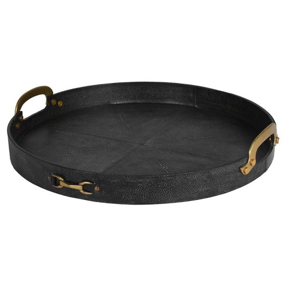Black shagreen tray with brass handles 