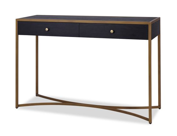 Black dressing table with two drawers and brass frame