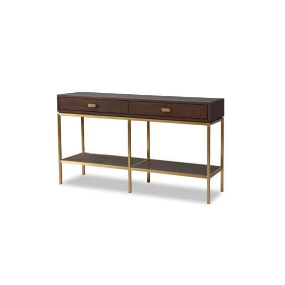 Dark brown dressing table with two drawers and brass legs