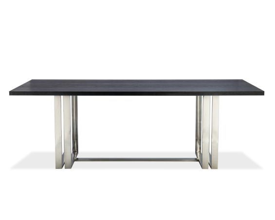 Dining table with ash wooden grain above sturdy yet delicate stainless steel legs