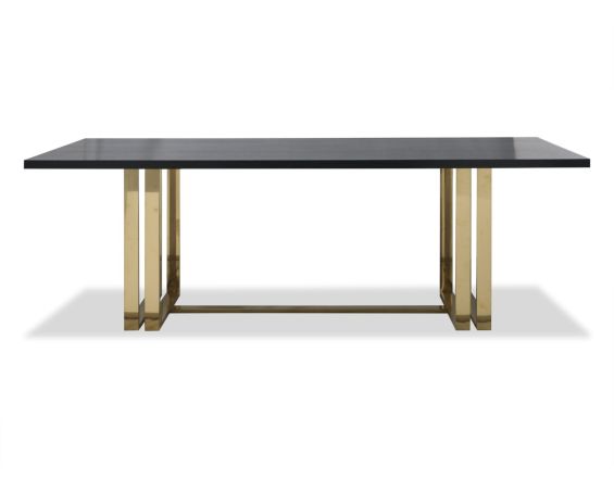 Black grain dining table with sturdy yet delicate polished brass-finished stainless steel legs