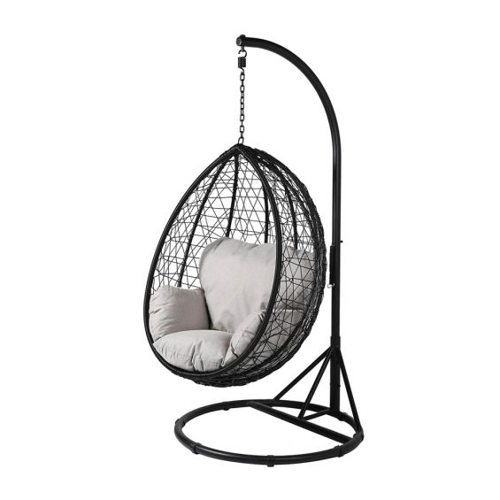 Hanging webbed egg chair supported by a chain and frame with upholstered seating