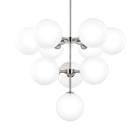 A chic and contemporary chandelier with symmetrical round glass shades and a polished nickel finish by Hudson Valley