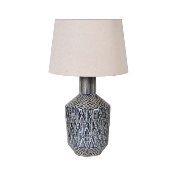 Ornate table lamp with intricate indigo pattern