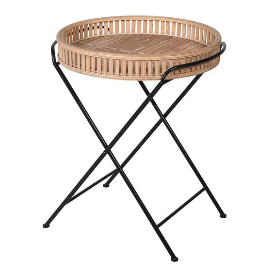 Elegant and earthy bamboo finish tray-like surface mounted on sleek, black iron, crossed legs.