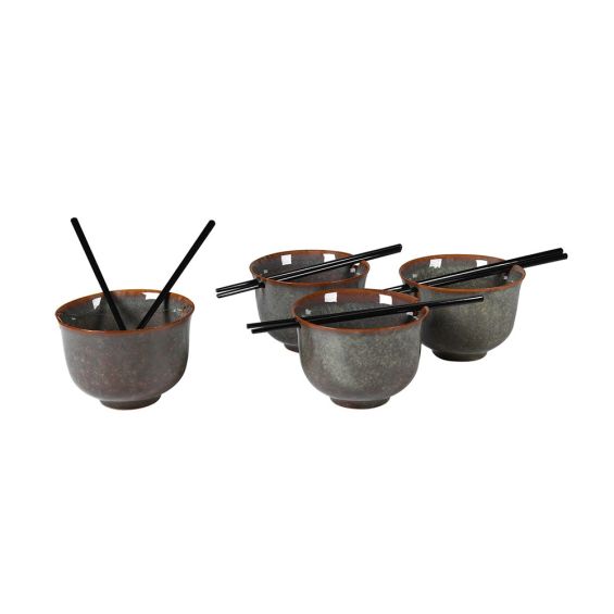 A set of 4 glazed ceramic noodle bowls with black chopsticks