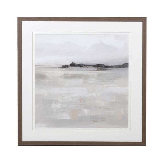 A scenic coastal print of a calm and hazy coastline 