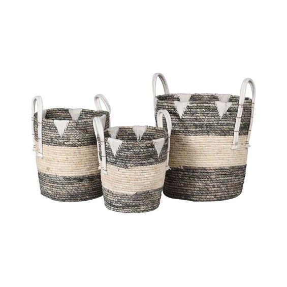 A gorgeous set of 3 storage baskets with a natural texture and stylish geometric patterns