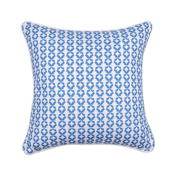 A sumptuous sky blue coloured cushion with a geometric design 