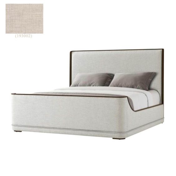 Grey upholstered bed with curved base and maple accents