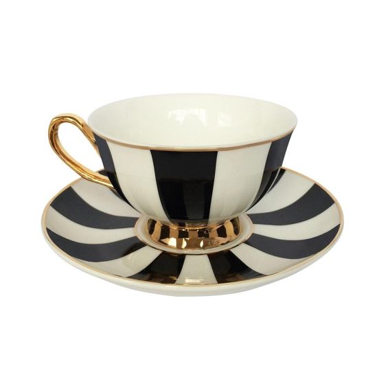 Black and white striped teacup and saucer with gold detail
