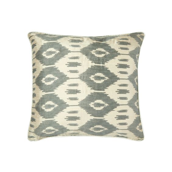 Grey square silk cushion with aztec pattern