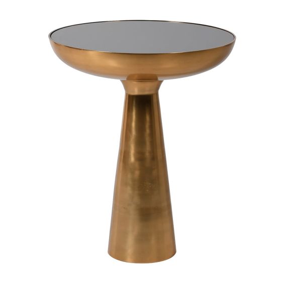 Glamorous contemporary antique brass conical side table with a dark glass tabletop
