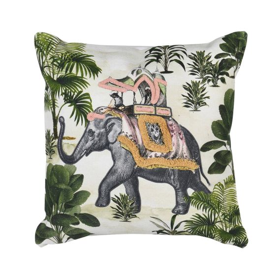 A glamorous 45 x 45 cm cushion with an exotic botanical elephant print 