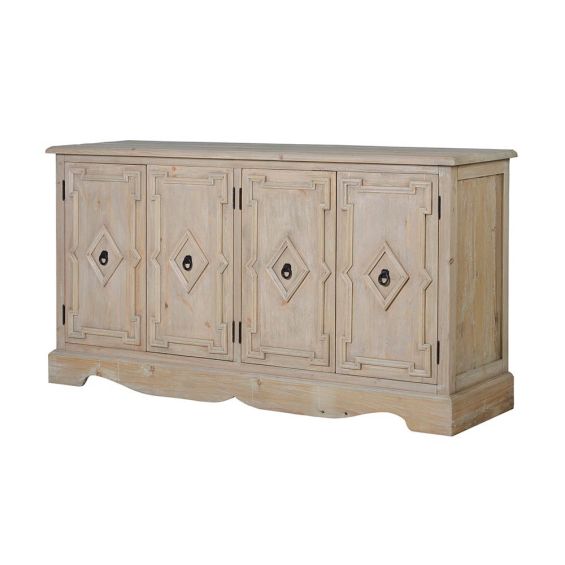 beautiful and chic rustic sideboard with wooden detailing and four hinged doors