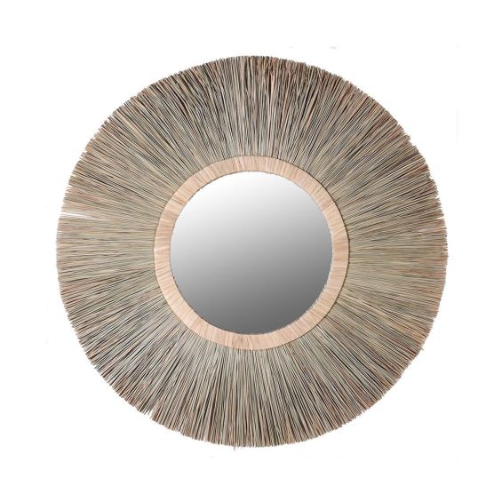 A stunning, round mirror with a natural wicker structure