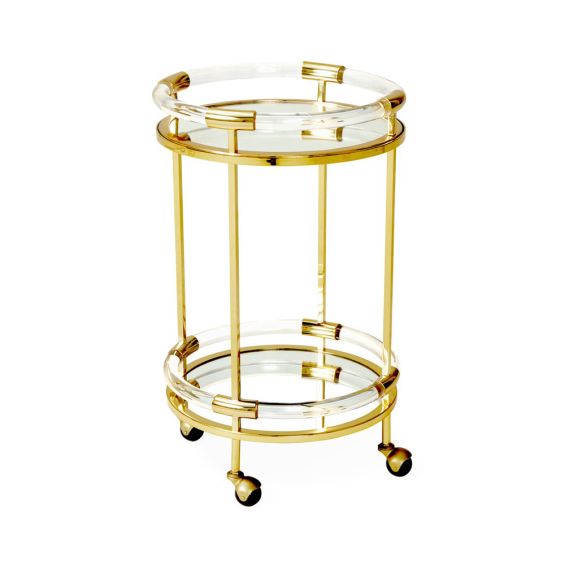 A stylish modern bar cart made from polished brass, acrylic and glass