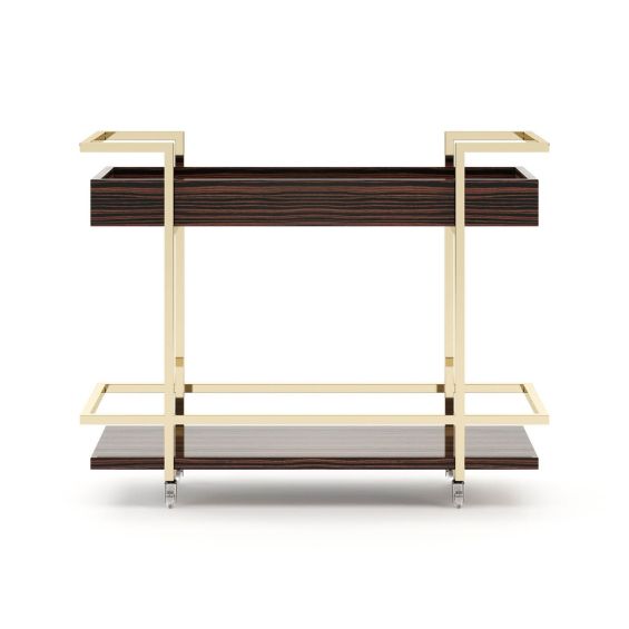A luxurious mid-century inspired tea cart/drinks trolley with golden accents 