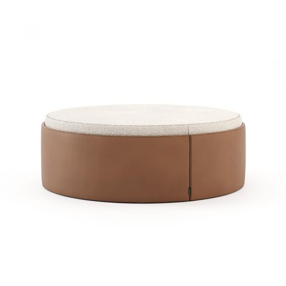 Gorgeous large round pouf with boucle surface and brown leather edge