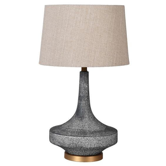Grey blue shagreen table lamp with golden accents and linen shade