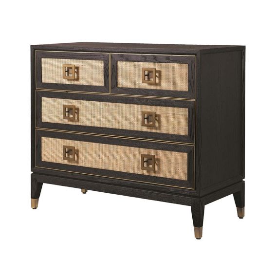 Ravishing chest of drawers featuring a mix of dark oak and light rattan.