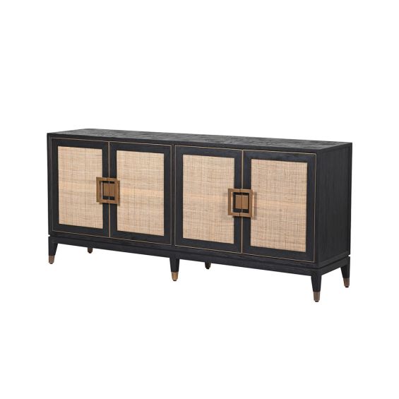 A stylish black oak and natural rattan sideboard with antique brass-effect details