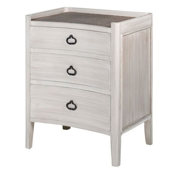 Nordic white wash three drawer bedside table with rattan surface