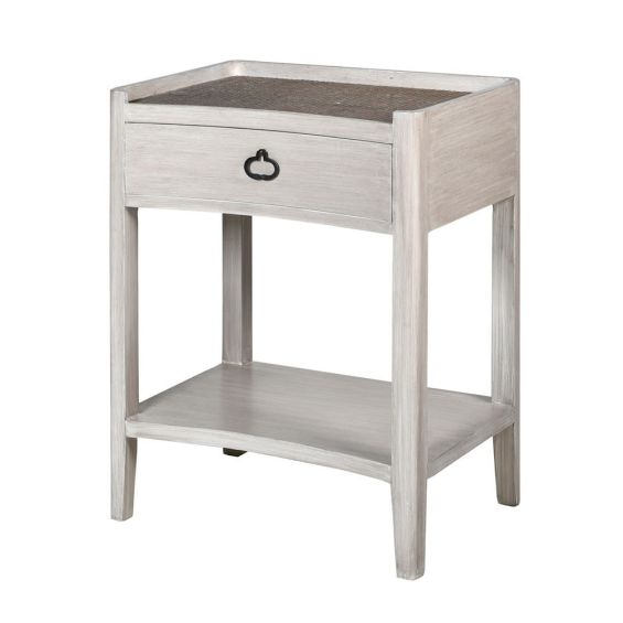 Nordic white wash bedside table with woven tabletop