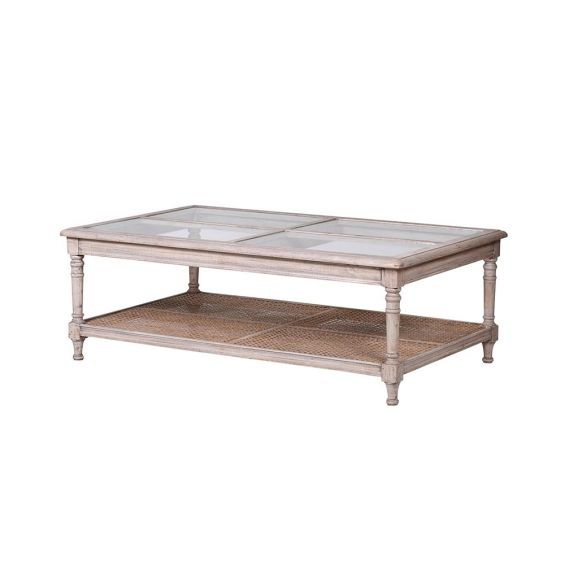 whitewash coffee table with glass panels and caned shelf