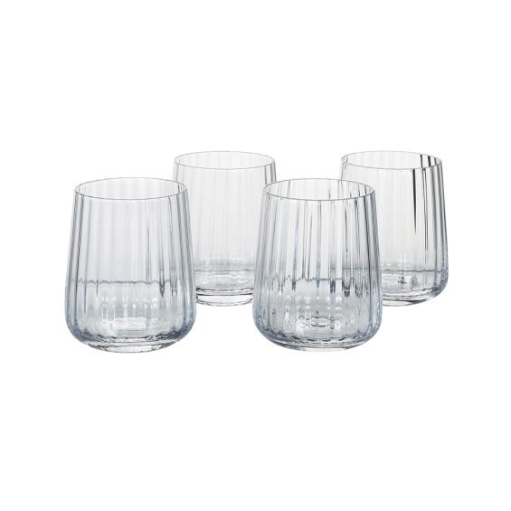 A gorgeous set of four tumbler glasses with a clear and ribbed design 