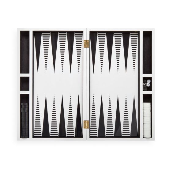 A luxury, monochrome backgammon set by Jonathan Adler with a high-contrast, luxe lacquer and velvet lining