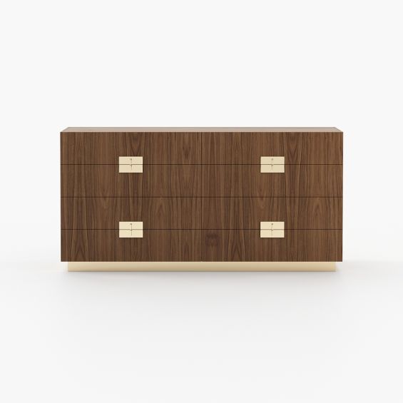 A luxurious walnut matte chest of drawers with golden accent