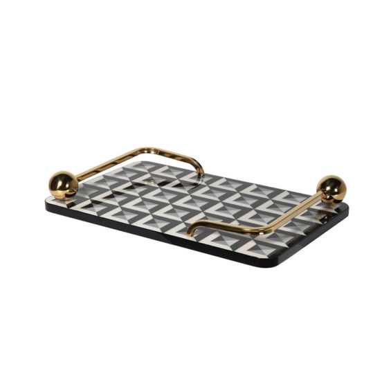 A glamorous, geometric black and cream tray with golden handles 