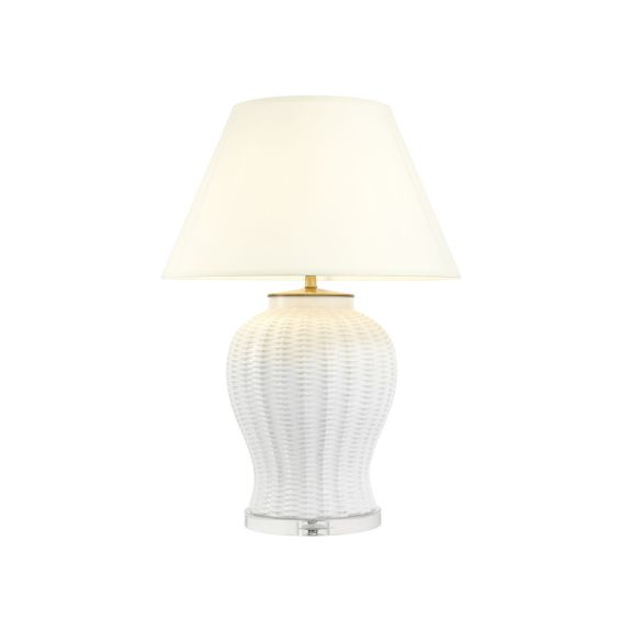 White ceramic lamp with off-white shade and crystal glass base