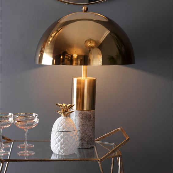 Contemporary grey marble base table lamp with brass dome-like shade