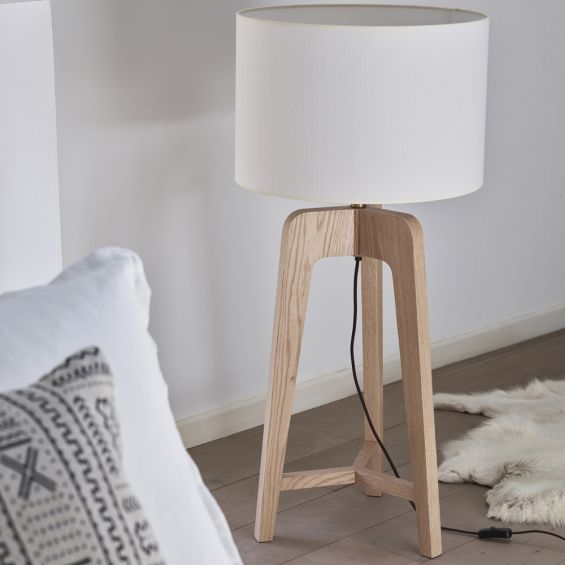 Stylish wooden base table lamp with white lampshade