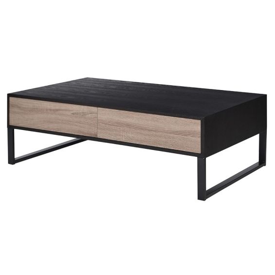Black and natural wood coffee table with two large drawers