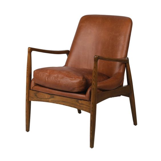 Luxurious mid-century style armchair with rust coloured leather seat 