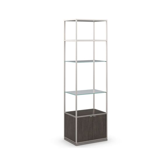Modern shelving unit with glass shelves, metal frame and cupboard storage 