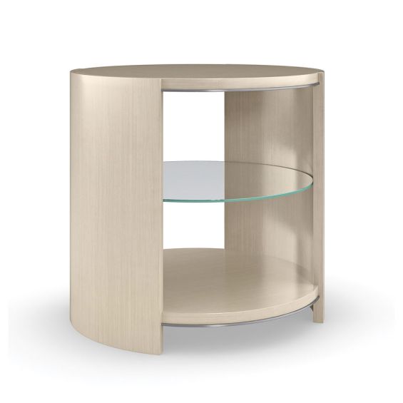 Sumptuous champagne-finished side table with glass shelf