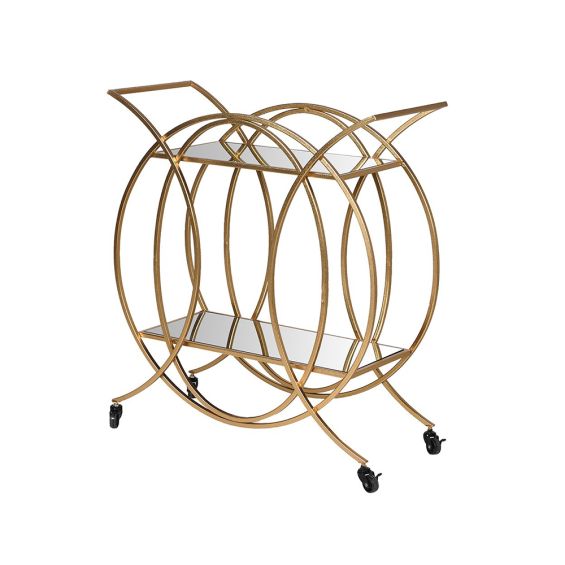A luxurious, two-tier drinks trolley with a circular design and glamorous gold finish