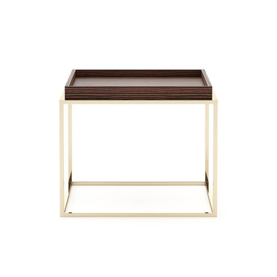 A luxurious side table with golden legs and a smoked matte eucalyptus wood tabletop