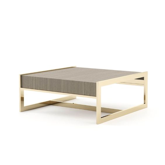 A luxurious coffee table made from aged oak with a golden frame