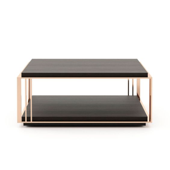 A stylish coffee table made from eucalyptus wood and copper-plated stainless steel