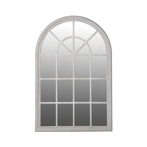 A stylish white arched window mirror