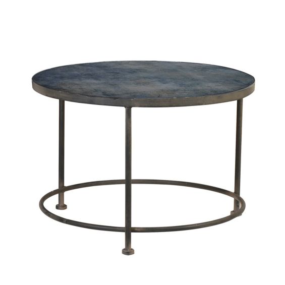 distressed, industrial coffee table with a tinted-glass surface 
