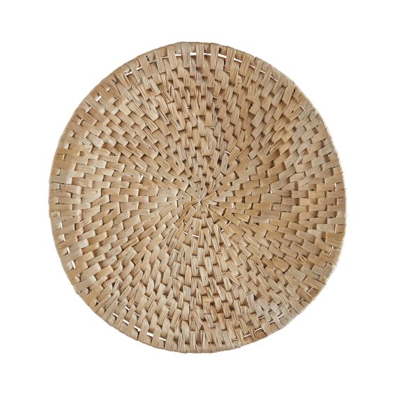 A round, natural abaca wood and iron wall decoration