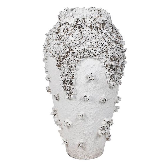Tall vase with barnacle-like finish in an elegant, distressed white